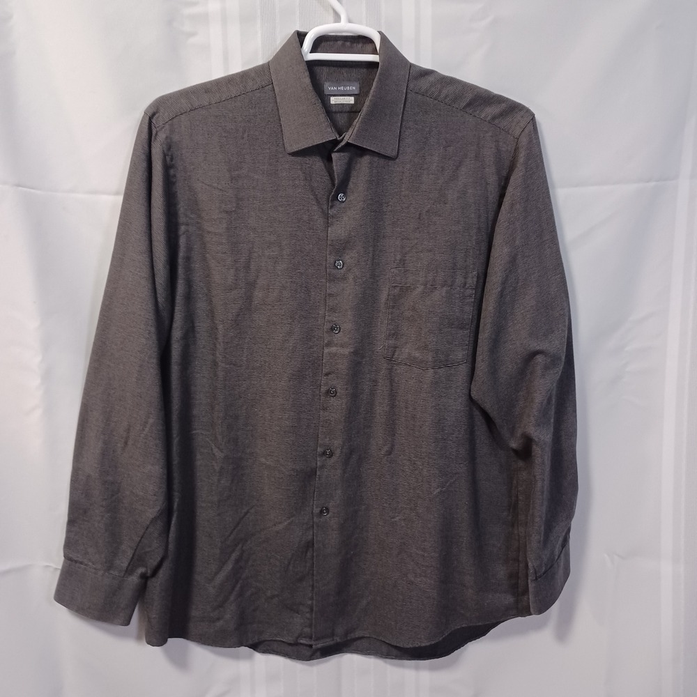 Van Heusen Dress Shirt Men L Grey Regular Fit Wrinkle Free Long Sleeve Button Up